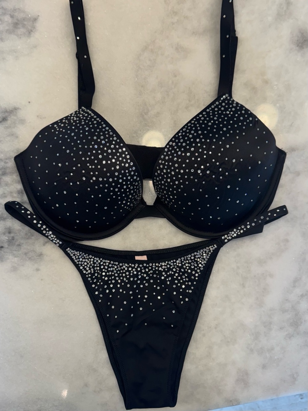 Victoria's Secret Black Crystal Very Sexy Push-Up Bra & Panty Set 32DD Medium